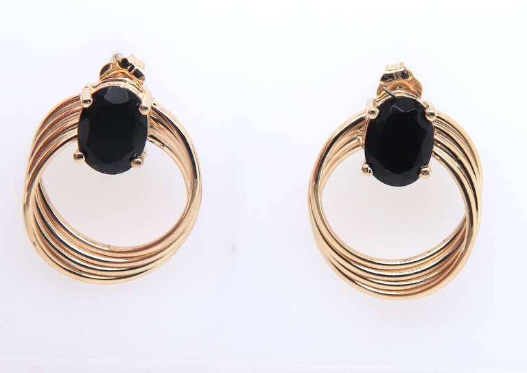 Stunning Yellow Gold oval Black Onyx Stacked Circle Drop Post Earrings