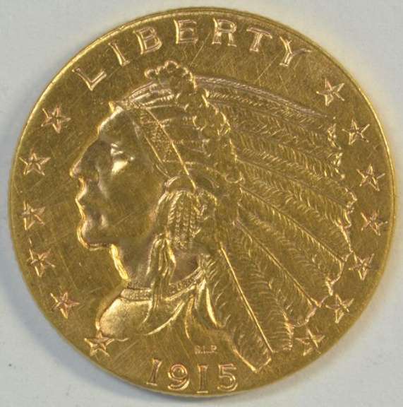 Lustrous 1915 US $2.50 Indian Gold Piece. Nice