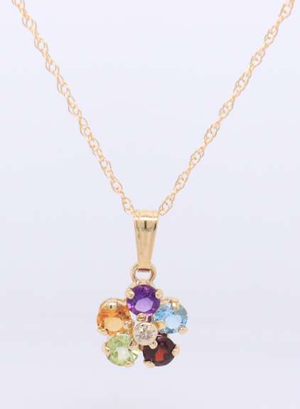Attractive Yellow Gold Multi Gemstone Flower Pendant on Chain