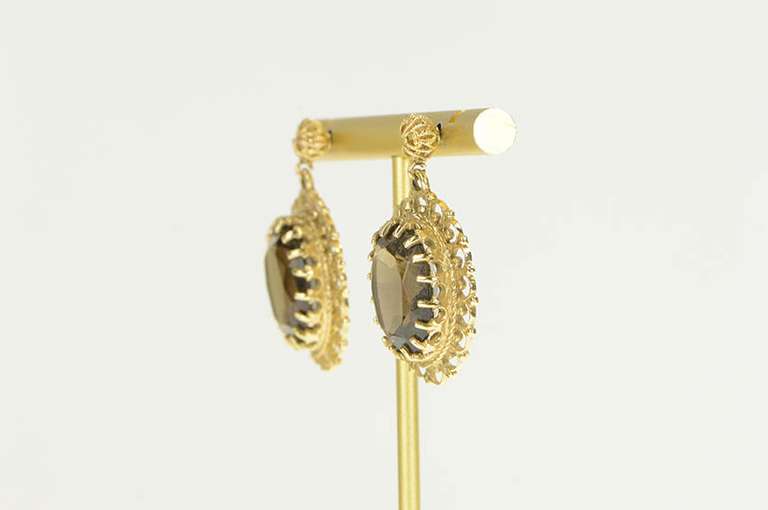 14K Yellow Gold Smoky Quartz Scalloped Filigree Halo Dangle Earrings