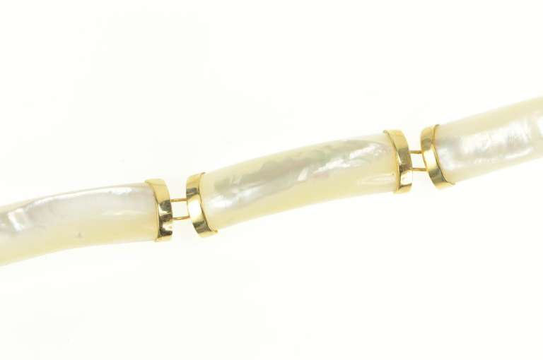 14K Yellow Gold Carved Mother of Pearl Curved Bar Bracelet