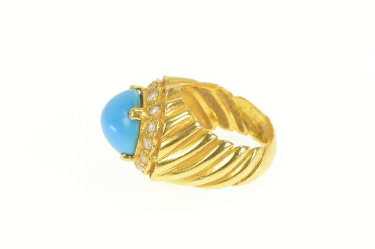 18K Yellow Gold Turquoise Scalloped Halo Domed Spiral Vintage Ring