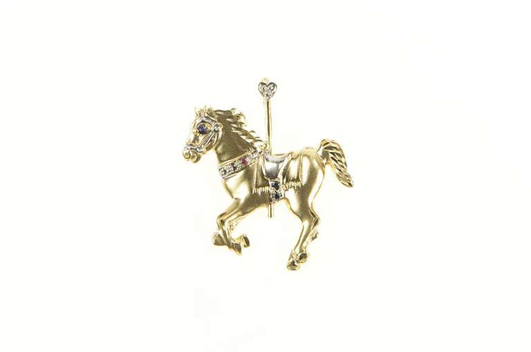 14K Yellow Gold Diamond Sapphire Ruby Carousel Horse Pendant