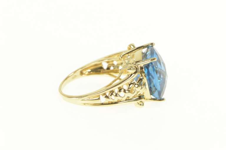 14K Yellow Gold Cushion Faceted Blue Topaz Cocktail Statement Ring