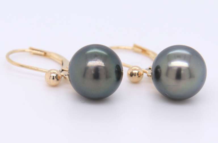 Gorgeous Yellow Gold Tahitian Black Pearl Dangle Earrings