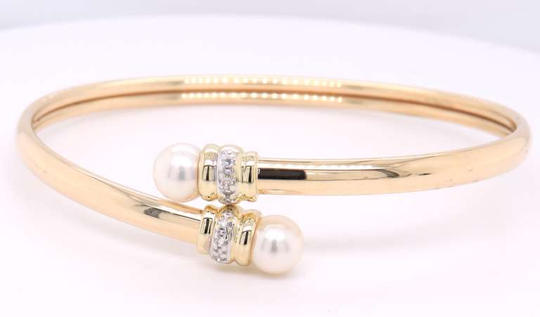 Wonderful Yellow Gold Pearl and Diamond Flex Bangle Bracelet