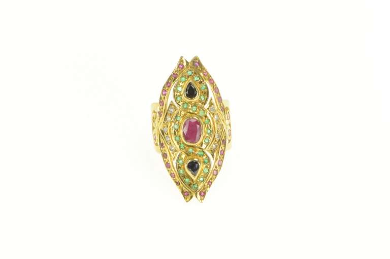 18K Yellow Gold 3.39 Ctw Ruby Sapphire Emerald Encrusted Ring