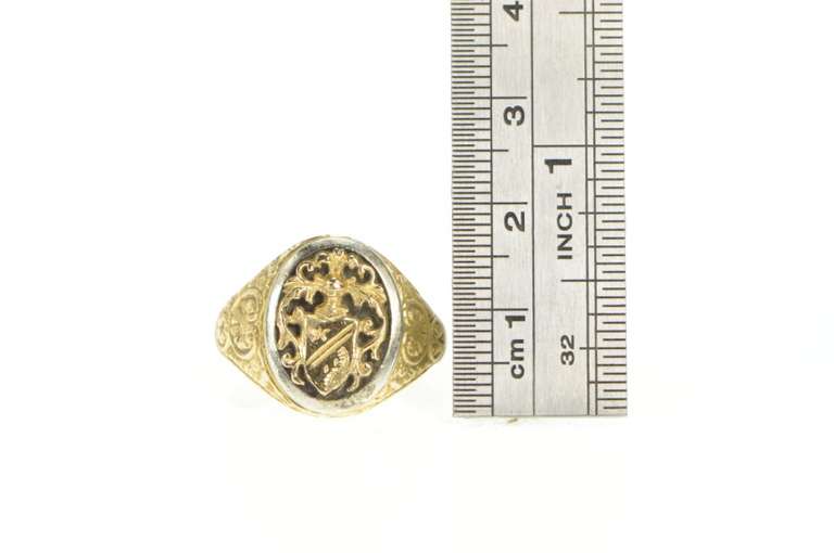 18K Yellow Gold Elaborate Scrollwork Family Crest Emblem Ring