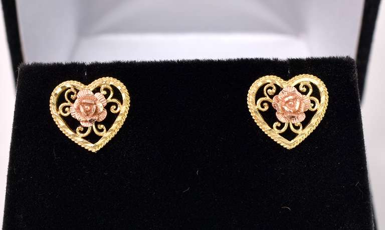 Fancy Rose Heart Earrings in 14k Two-Tone Gold