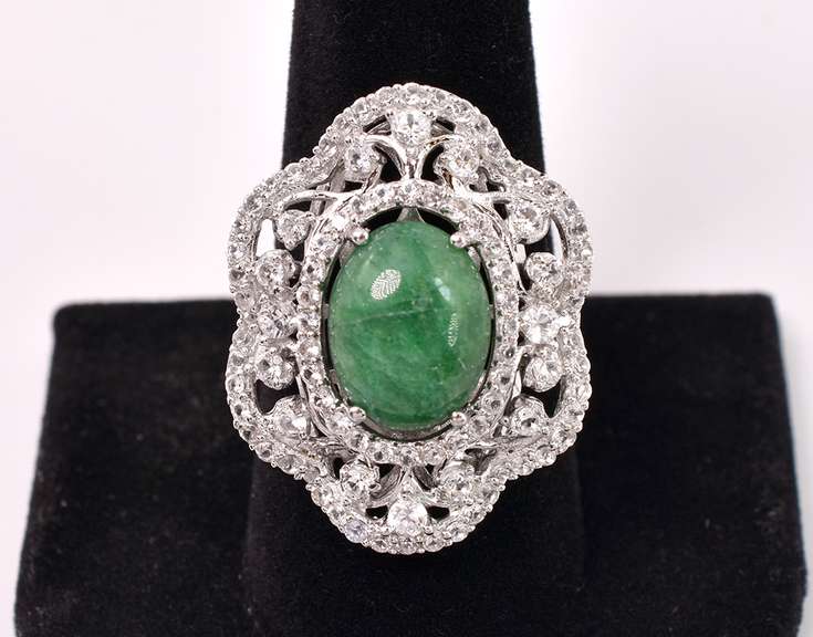 Mesmerizing 7.75CTS Cabochon-Cut Natural Emerald & 2.35CTW White Sapphire Ring in Sterling Silver