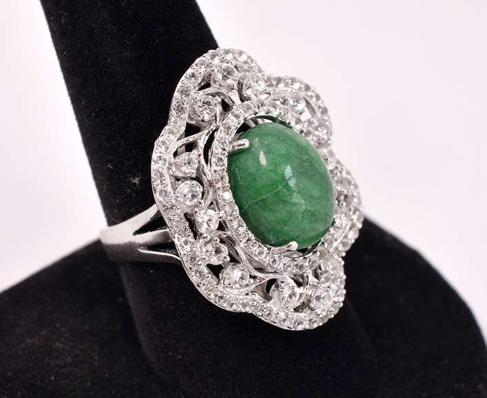 Mesmerizing 7.75CTS Cabochon-Cut Natural Emerald & 2.35CTW White Sapphire Ring in Sterling Silver
