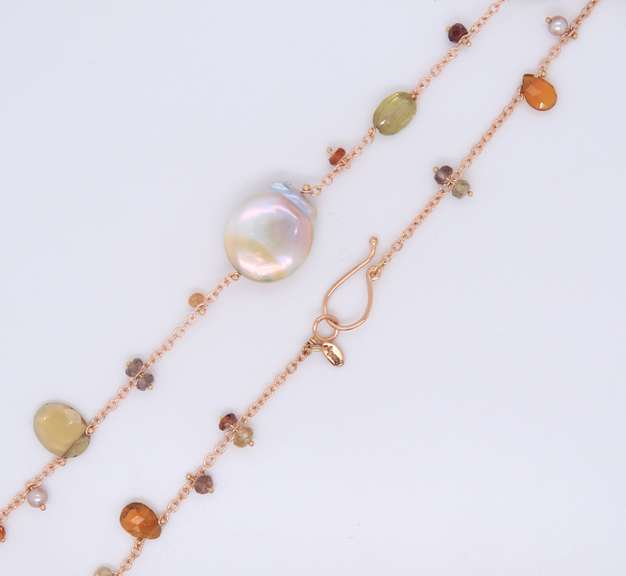 Stunning Yellow Gold Multi Gemstone and Pearl Necklace