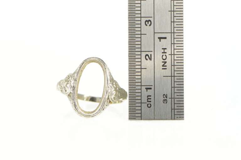 14K White Gold Art Deco Ornate Oval Filigree Setting Ring