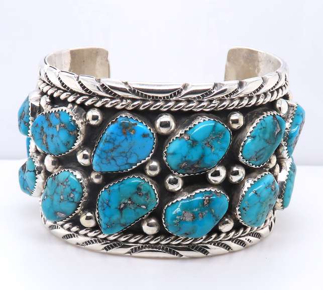 925 Sterling Silver Signed Leester Ortiz Turquoise Silver Cuff Bangle