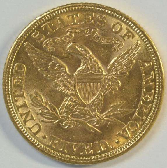 Vibrant BU 1908 US $5 Liberty Gold Piece. Full strike