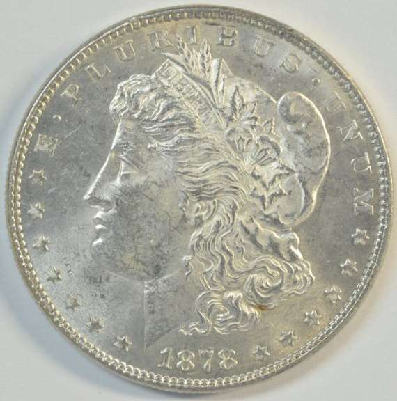 Creamy-white Choice BU 1878-P 7TF Morgan Silver Dollar.