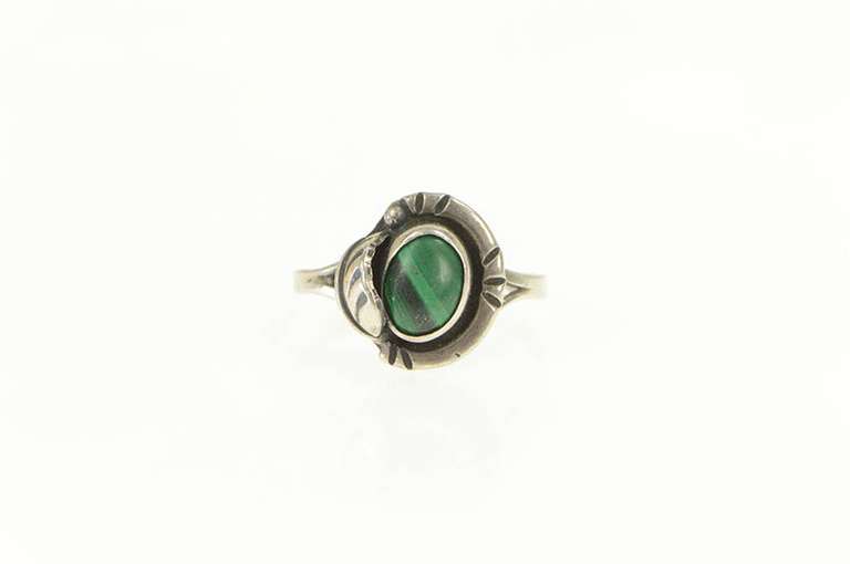 Sterling Silver Taxco Malachite Cabochon Leaf Statement Ring