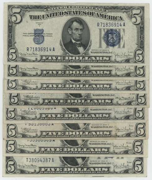 8 Much nicer 1934 Series Small Size $5 Blue Seal Silver Certs