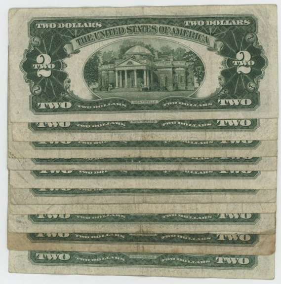 10 Series of 1928 Small Size $2 Red Seal Notes in circ