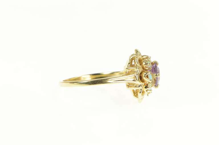 14K Yellow Gold Amethyst Opal Halo 1960's Floral Cocktail Ring