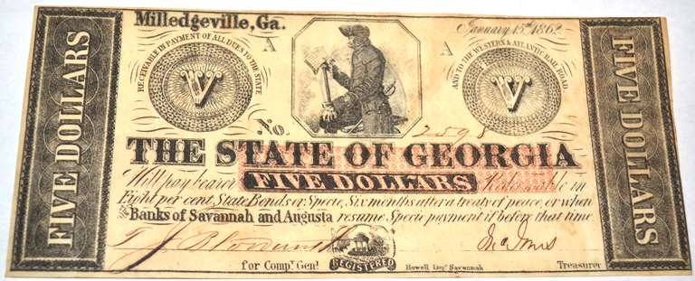 $5 Uncirculated Jan 15 th 1862 State of Georgia Note