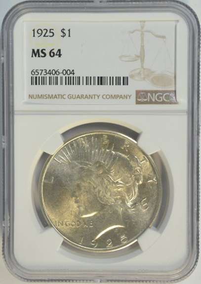Super near Gem BU 1925 Peace Silver Dollar. NGC MS64