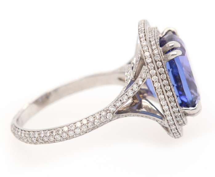 Magnificent White Gold Tanzanite in Double Halo Diamond Ring