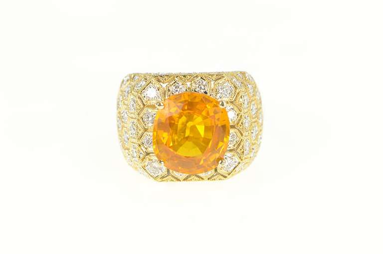 18K Yellow Gold 6.00Ctw Orange Sapphire Diamond Honeycomb Ring