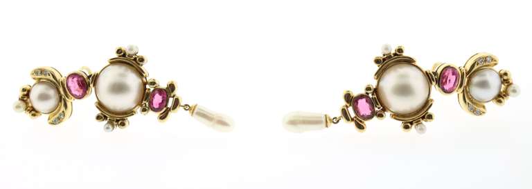 Regal 18k Gold Mabe Pearl and Pink Tourmaline Earrings with Diamonds