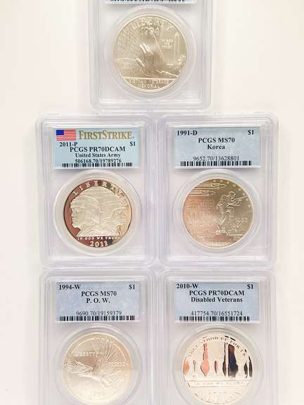 5 one silver dollar certified