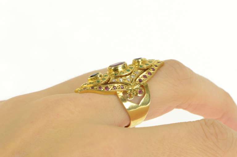 18K Yellow Gold 3.39 Ctw Ruby Sapphire Emerald Encrusted Ring