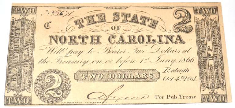 $2 State of North Carolina Raleigh 1861 Note