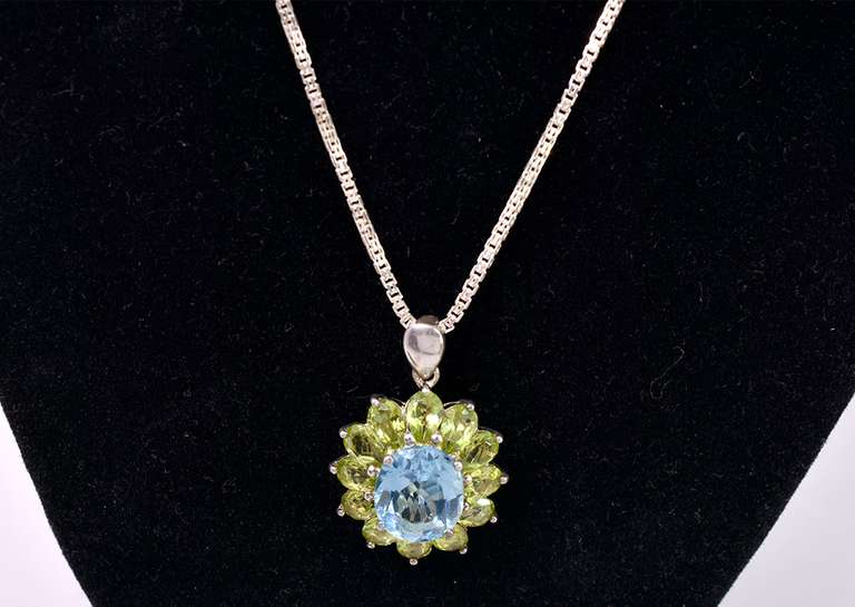 Sterling Necklace With Blue Topaz And Peridot Pendant