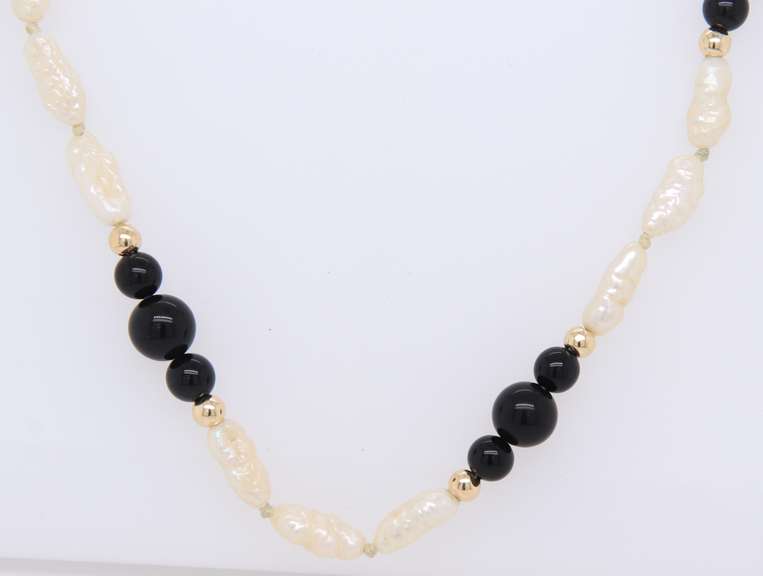 Fresh Water Pearl and Black Onyx and Gold Bead Necklace