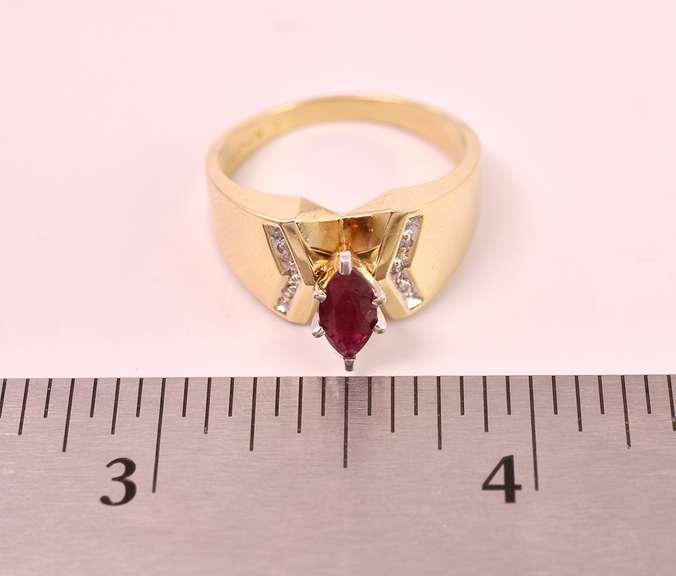 Lovely Marquise Cut Ruby and Diamond Ring in 14K Yellow Gold