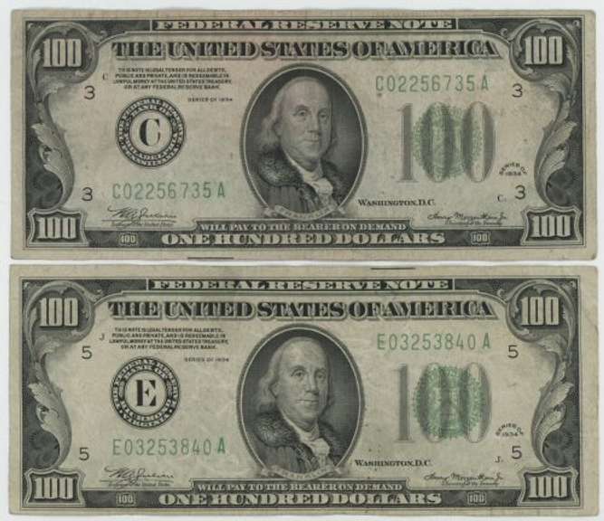 Pair of nice collectible 1934 Series $100 Federal Reserve Note