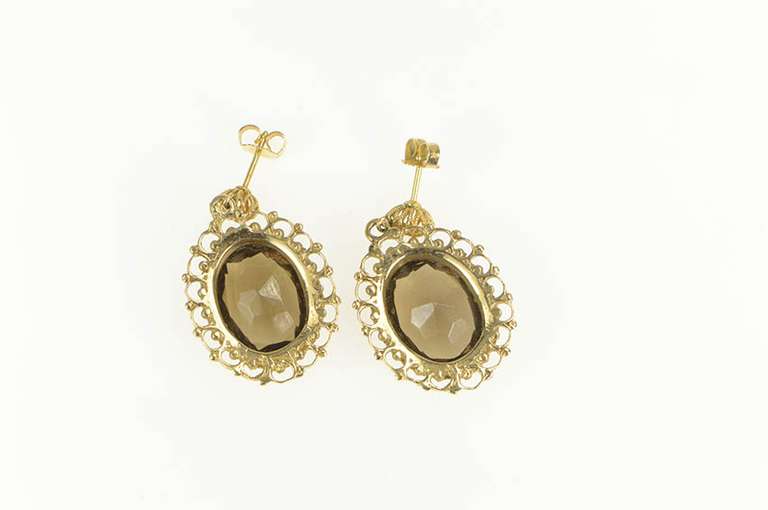14K Yellow Gold Smoky Quartz Scalloped Filigree Halo Dangle Earrings