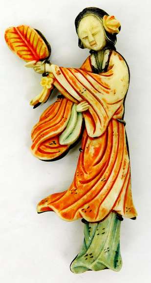 Antique Bone Geisha Girl Large Brooch