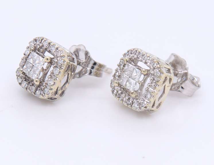 Brilliant white Gold Princess Cut Diamond Cluster Square Earrings