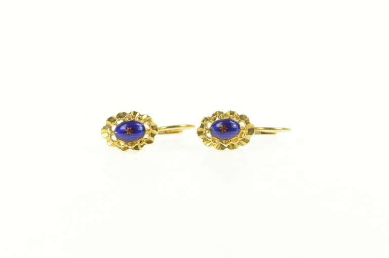 18K Yellow Gold Domed Blue Red Enamel Scalloped Trim Dangle Earrings