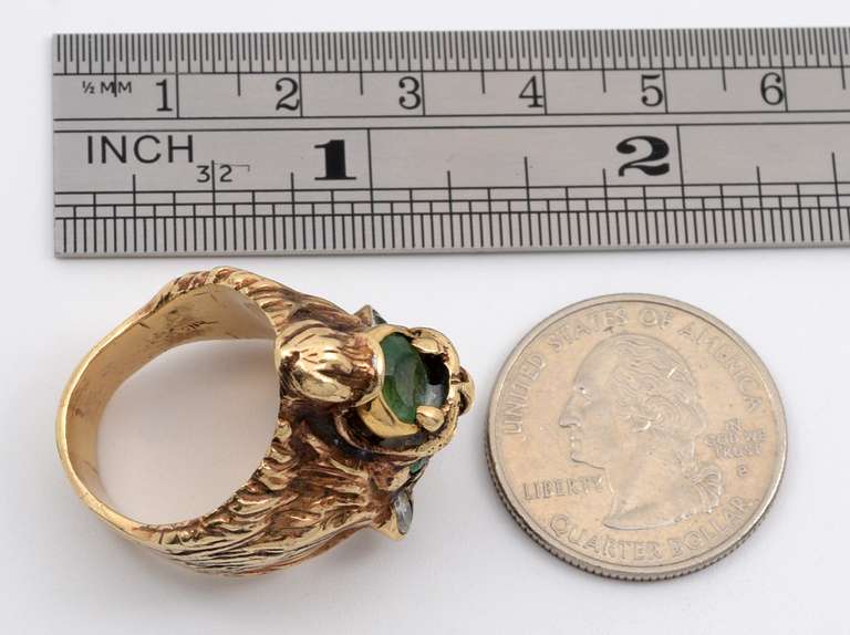 Well Detailed Mens Lion Ring with Emeralds