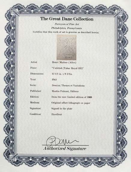 Rare H. Matisse original offset lithograph, 1943