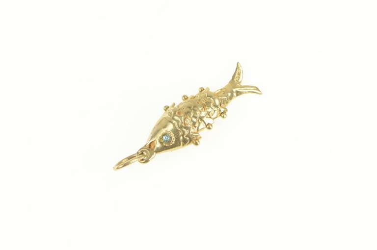 14K Yellow Gold 3D Articulated Fish Sim. Aquamarine Charm/Pendant