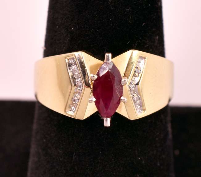 Lovely Marquise Cut Ruby and Diamond Ring in 14K Yellow Gold