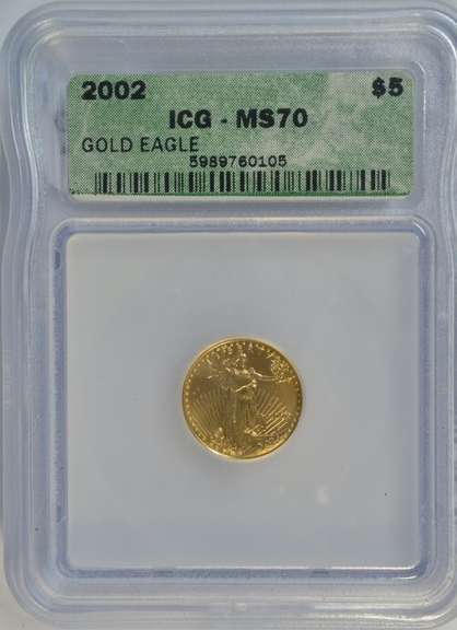 Flawless Gem BU 2002 $5 American Gold Eagle. ICG MS70