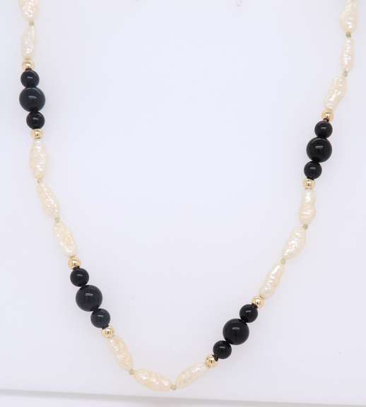 Fresh Water Pearl and Black Onyx and Gold Bead Necklace