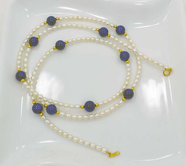 Lapis Lazuli Ball and Freshwater Cultured Pearls Necklace With 18k Yellow Gold Accents