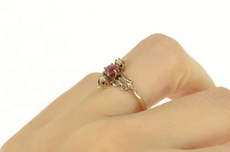 14K Yellow Gold Victorian Syn. Ruby Seed Pearl Statement Ring