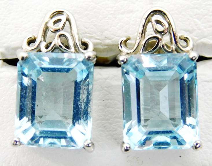 Contemporary Large Blue Topaz Sterling Filigree Earrings