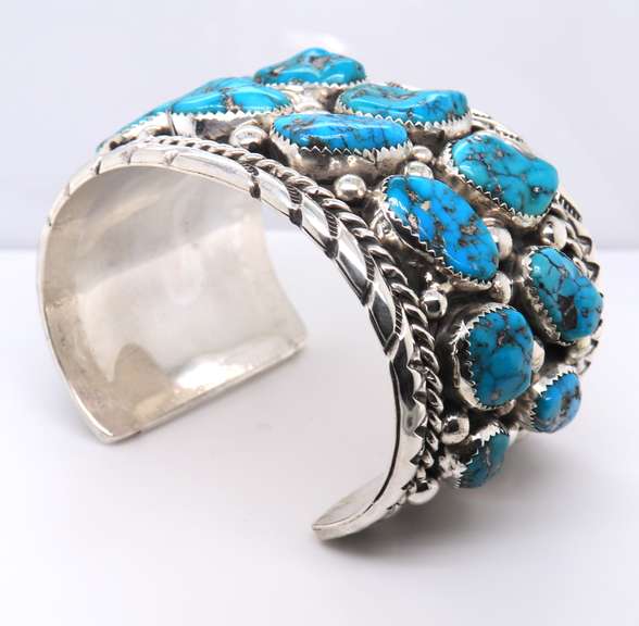 925 Sterling Silver Signed Leester Ortiz Turquoise Silver Cuff Bangle